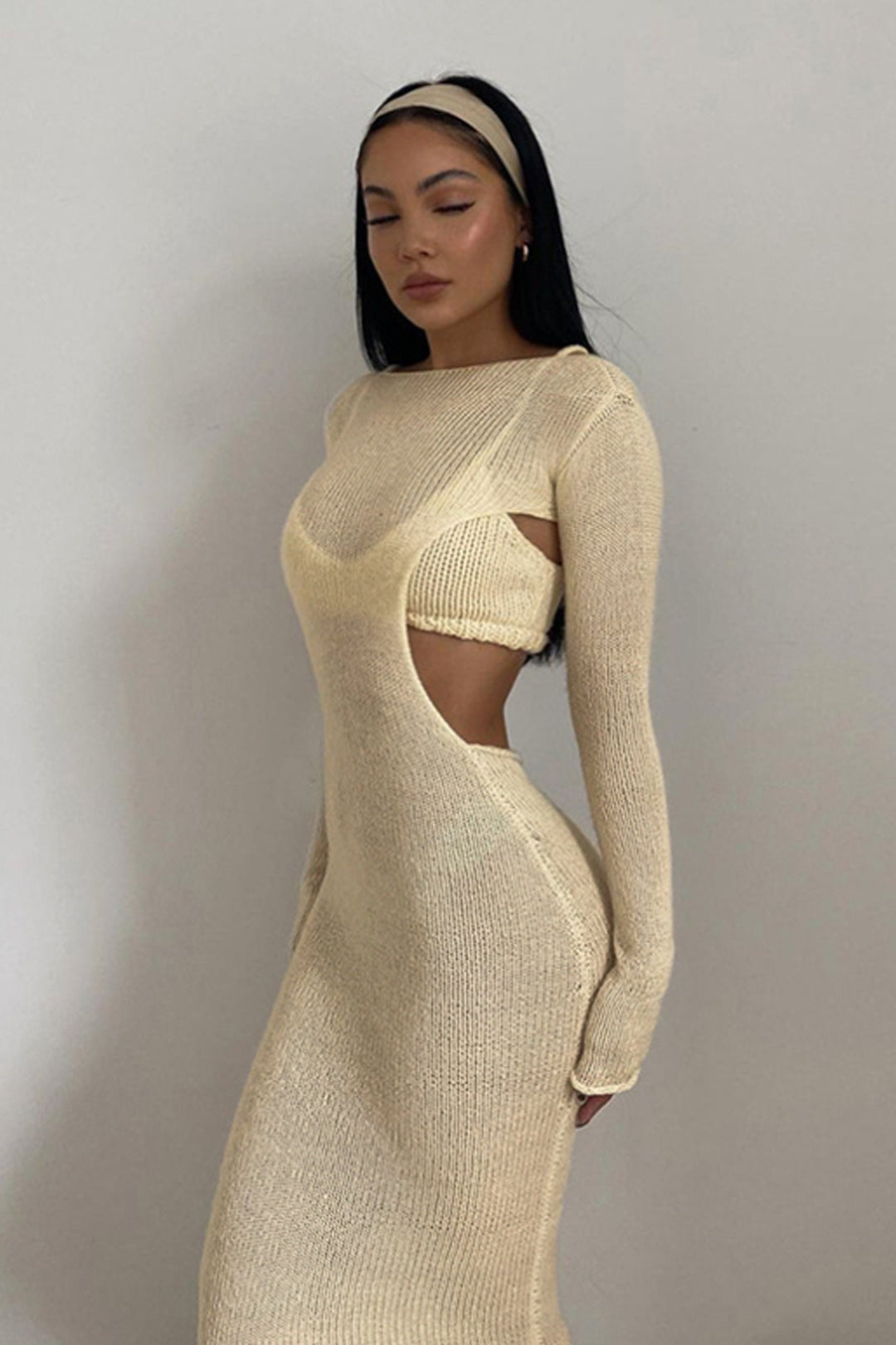 Beige Cut Out Backless Bodycon Maxi Dress with Bralette, Ribbed Jersey Material, Long Sleeve Dress, Two Piece Set