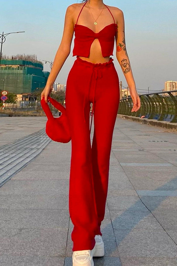 Butterfly Red Backless Split Front Crop Top, Spaghetti Strap Crop Top, Halter Plunge Neckline, Y2K Crop Top