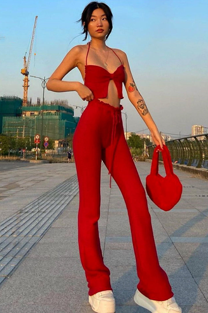 Butterfly Red Backless Split Front Crop Top, Spaghetti Strap Crop Top, Halter Plunge Neckline, Y2K Crop Top