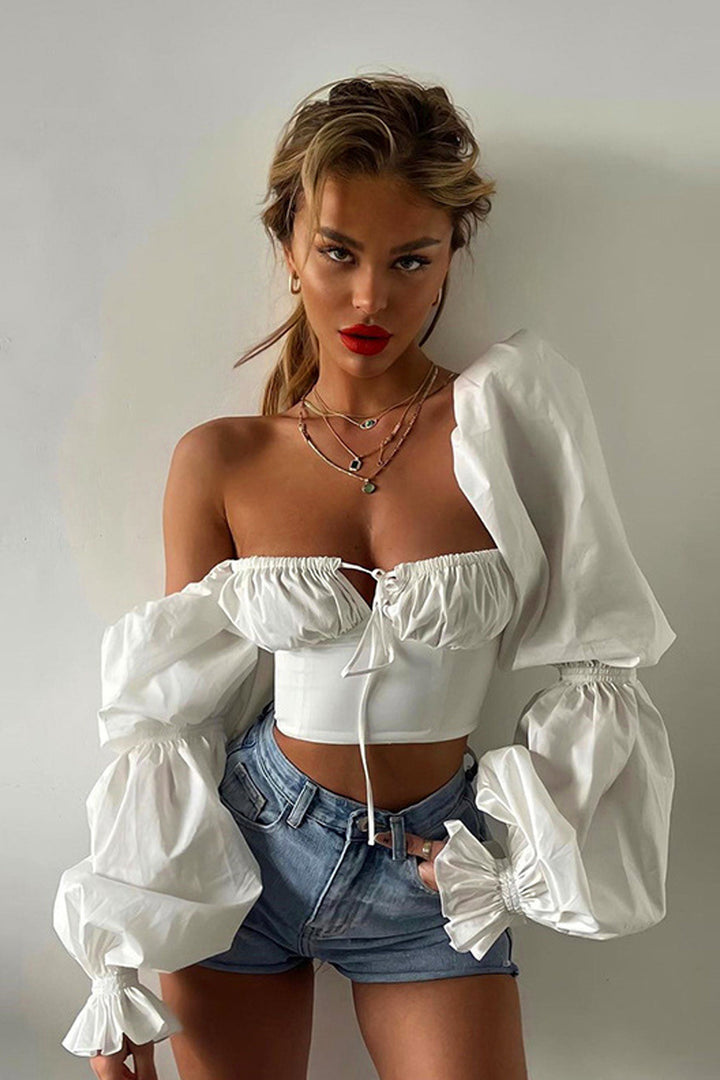 Lace Up Milkmaid Ruched Crop Top, Square Neck Self-Tie Lacy Crop Top, Long Puffy Cuffed Sleeves, White & Blue Floral Print