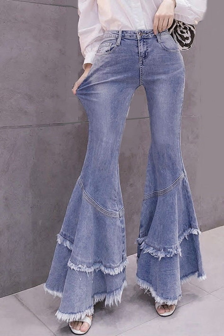 Y2K Super Flared Bell Bottom Jeans, Frayed Hem Denim Patchwork Jeans, High Rise Light Blue Wash Jeans