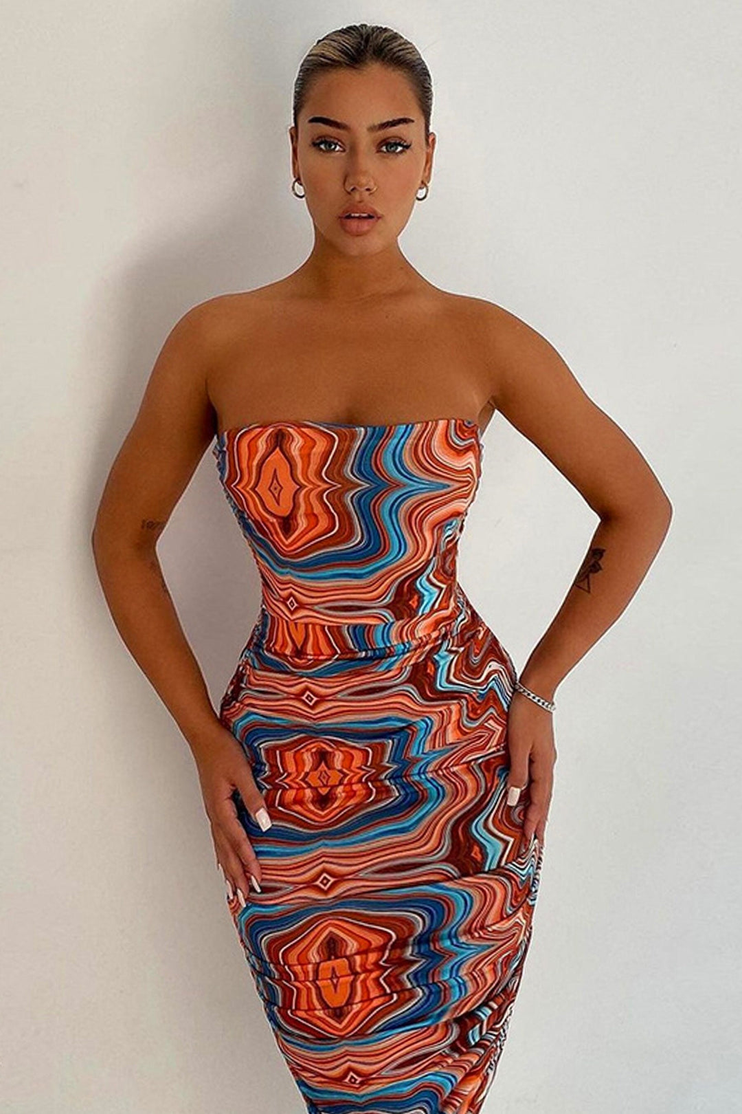 Swirly Abstract Print Bandeau Midi Dress, Orange & Blue Strapless Bodycon Dress