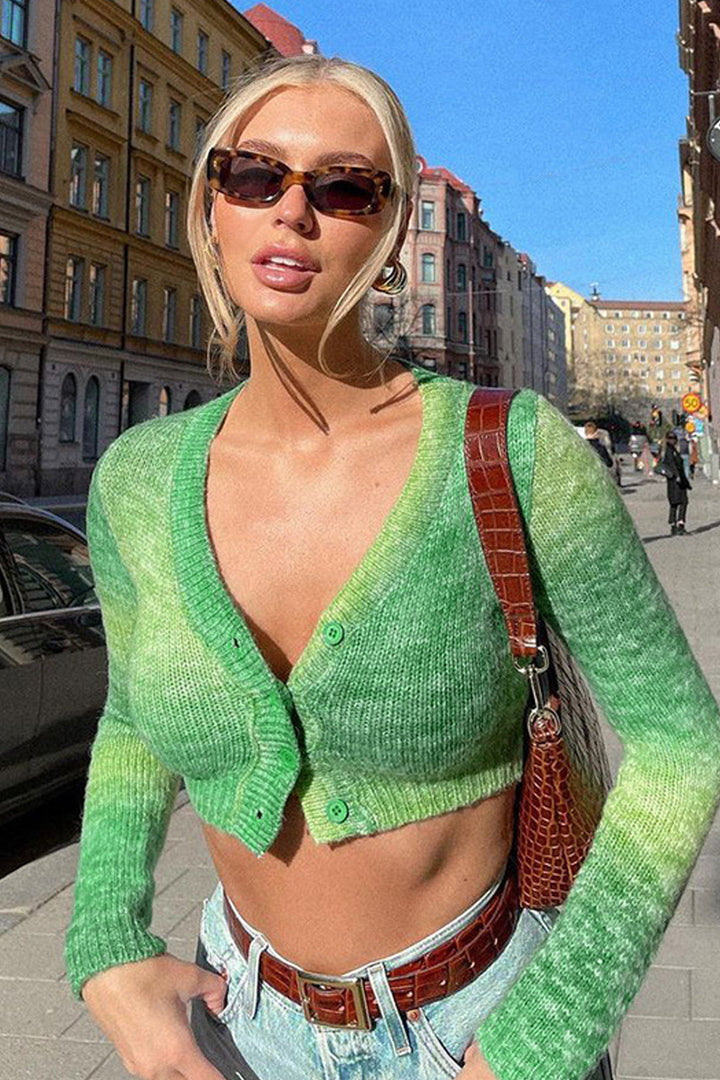 Green Y2K Crochet Knit Cardigan Crop Top, Long Sleeve Crop Top