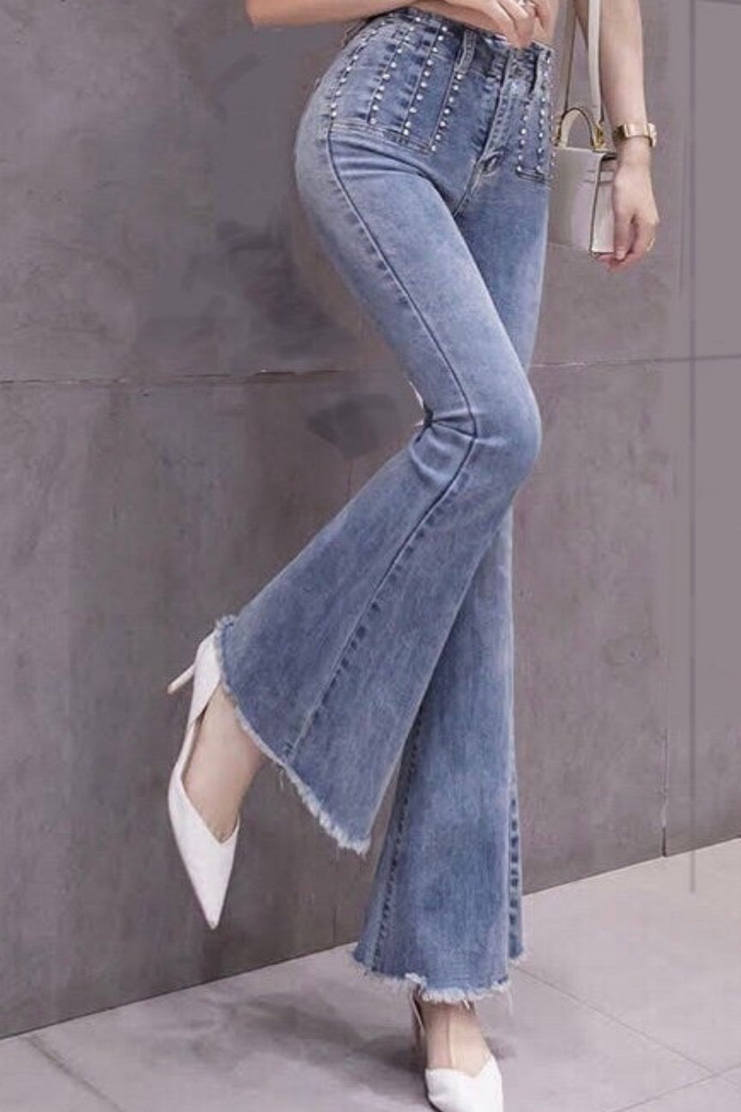 Vertical Crystal Rhinestone Embellished Waist Flare Denim Jeans, Medium Wash High Rise Flared Ankle Jeans