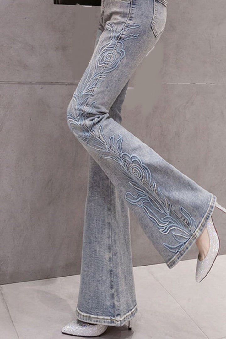 Y2K Floral Embroidered Minimalistic High Rise Denim Jeans, High Rise Flare Grey Wash Jeans