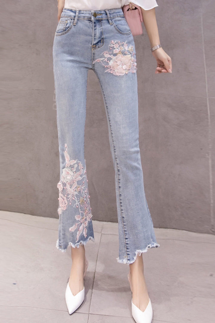 Flared Jeans, Boot Cut Jeans, Pink Floral Embellished Flare Frayed Hem Denim Jeans, High Rise Bell Bottom Ankle Length Jeans