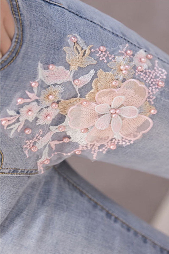 Flared Jeans, Boot Cut Jeans, Pink Floral Embellished Flare Frayed Hem Denim Jeans, High Rise Bell Bottom Ankle Length Jeans