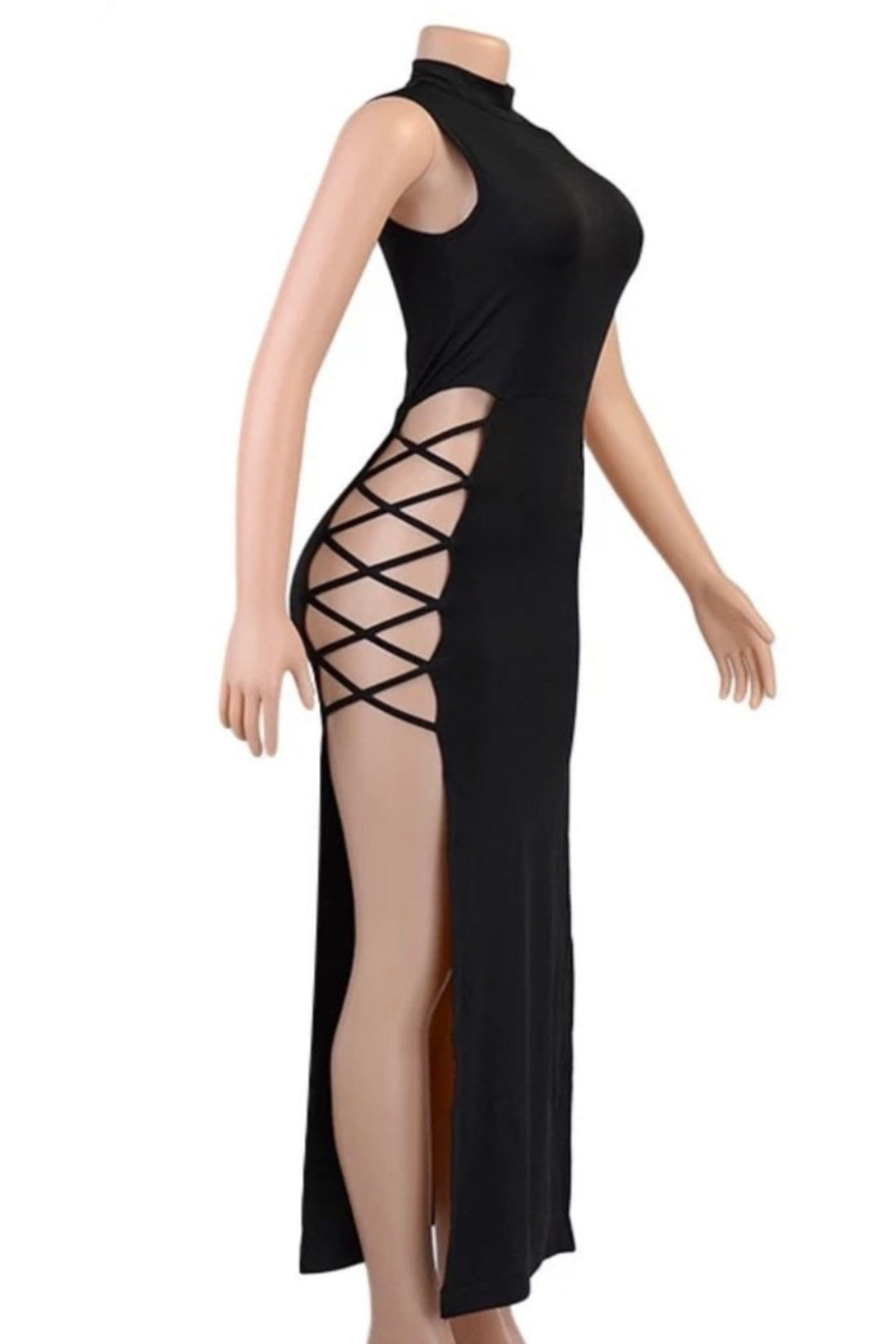 Black Sleeveless Cut Out Waist Split Thigh Bandage Design Bodycon Maxi Dress