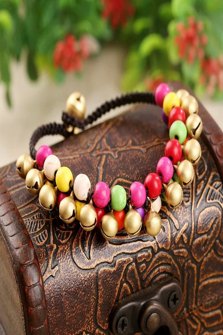 Semi-Precious Stone Bangle Ethnic Style Bell Retro Female Unisex Wrist Bracelet Arm Charm Wax Rope Hand-Woven Beach Style Creative Bohemian (48 Hour Dispatch)