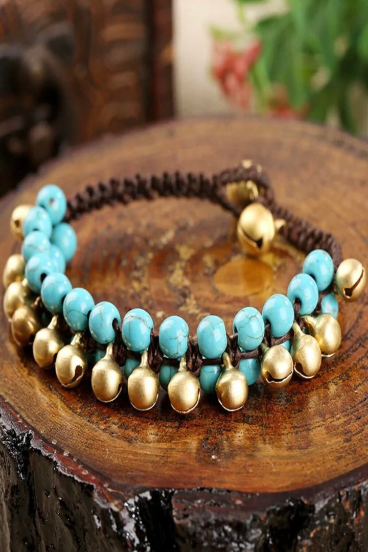 Semi-Precious Stone Bangle Ethnic Style Bell Retro Female Unisex Wrist Bracelet Arm Charm Wax Rope Hand-Woven Beach Style Creative Bohemian (48 Hour Dispatch)