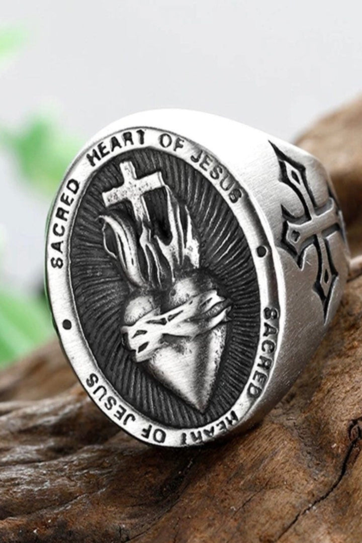 Stainless Steel Ladies Biker Punk Sacred Heart Of Jesus God Ring Cross Amulet Jewelry For Woman Easter Catholic Gothic Gift [US Size 9]