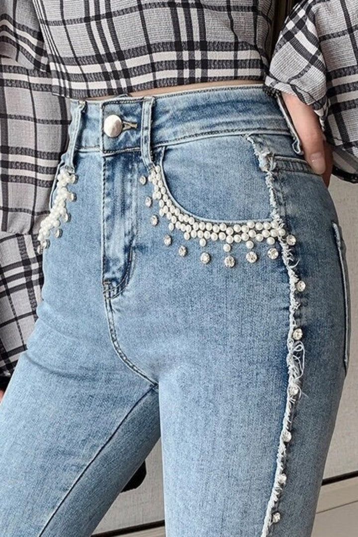 Y2K Crystal Rhinestone & Pearl Embellished Detailing Patchwork Flare Denim Jeans, Two Tone Flare, High Rise Flared Jeans