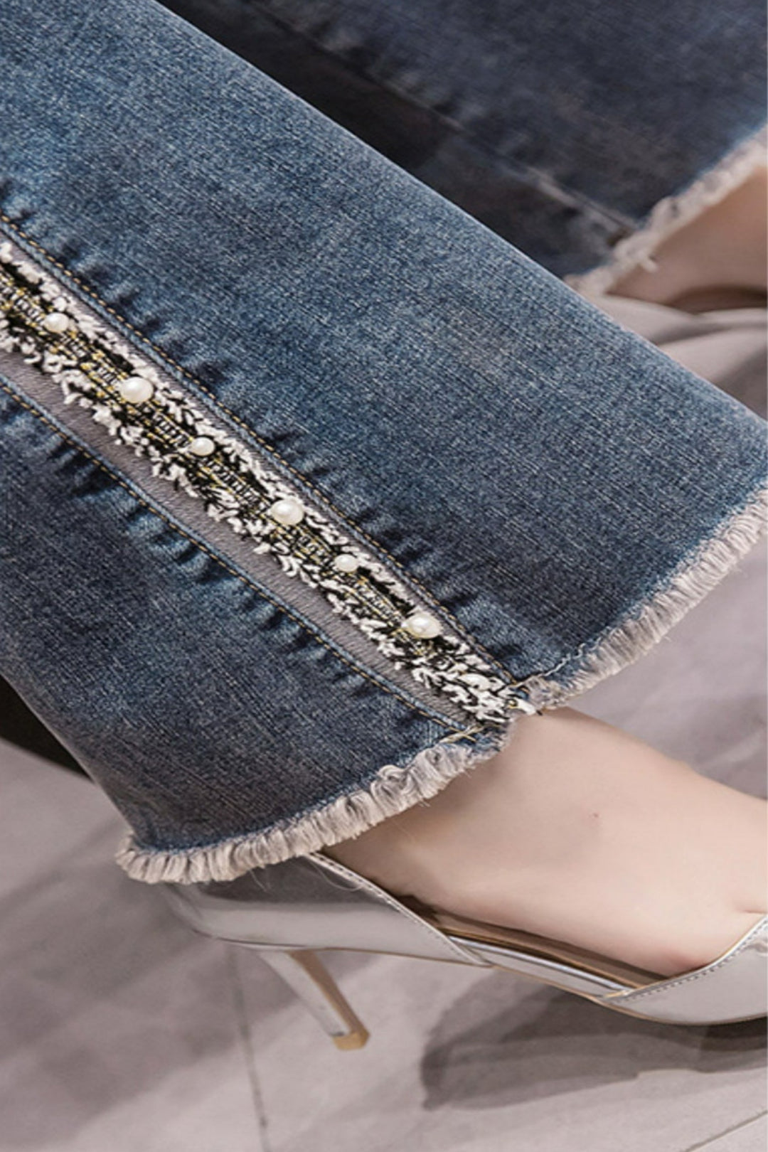 Pearl Embellished Silver & Black Embroidered Flare Denim Jeans, Dark Wash High Rise Flared Jeans