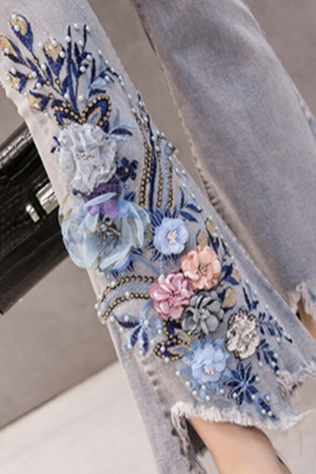 Flared Jeans, Floral Embellished Super Flare Frayed Hem Denim Jeans, Grey Wash High Rise Bell Bottom Ankle Length Jeans