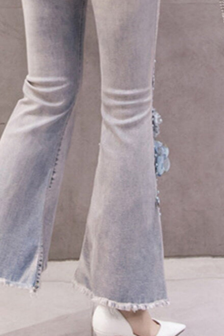 Flared Jeans, Floral Embellished Super Flare Frayed Hem Denim Jeans, Grey Wash High Rise Bell Bottom Ankle Length Jeans