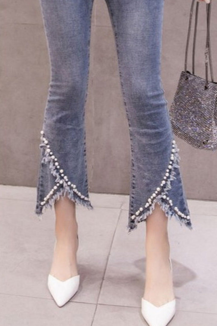 Split Front Pearl Embellished Frayed Hem Detail Denim Jeans, Blue Wash High Rise Jeans