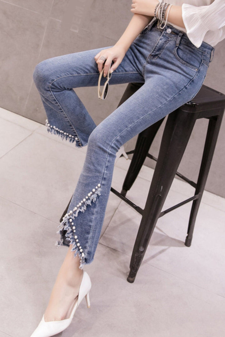 Split Front Pearl Embellished Frayed Hem Detail Denim Jeans, Blue Wash High Rise Jeans