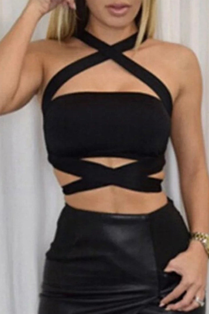 Criss Cross Bandage Wraparound Tie Back Design Crop Top, Available in Black & White