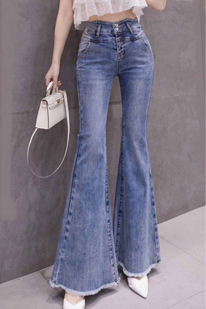 Geometric Waist Super Flare High Rise Denim Jeans, Blue Wash Double Button Detail Jeans