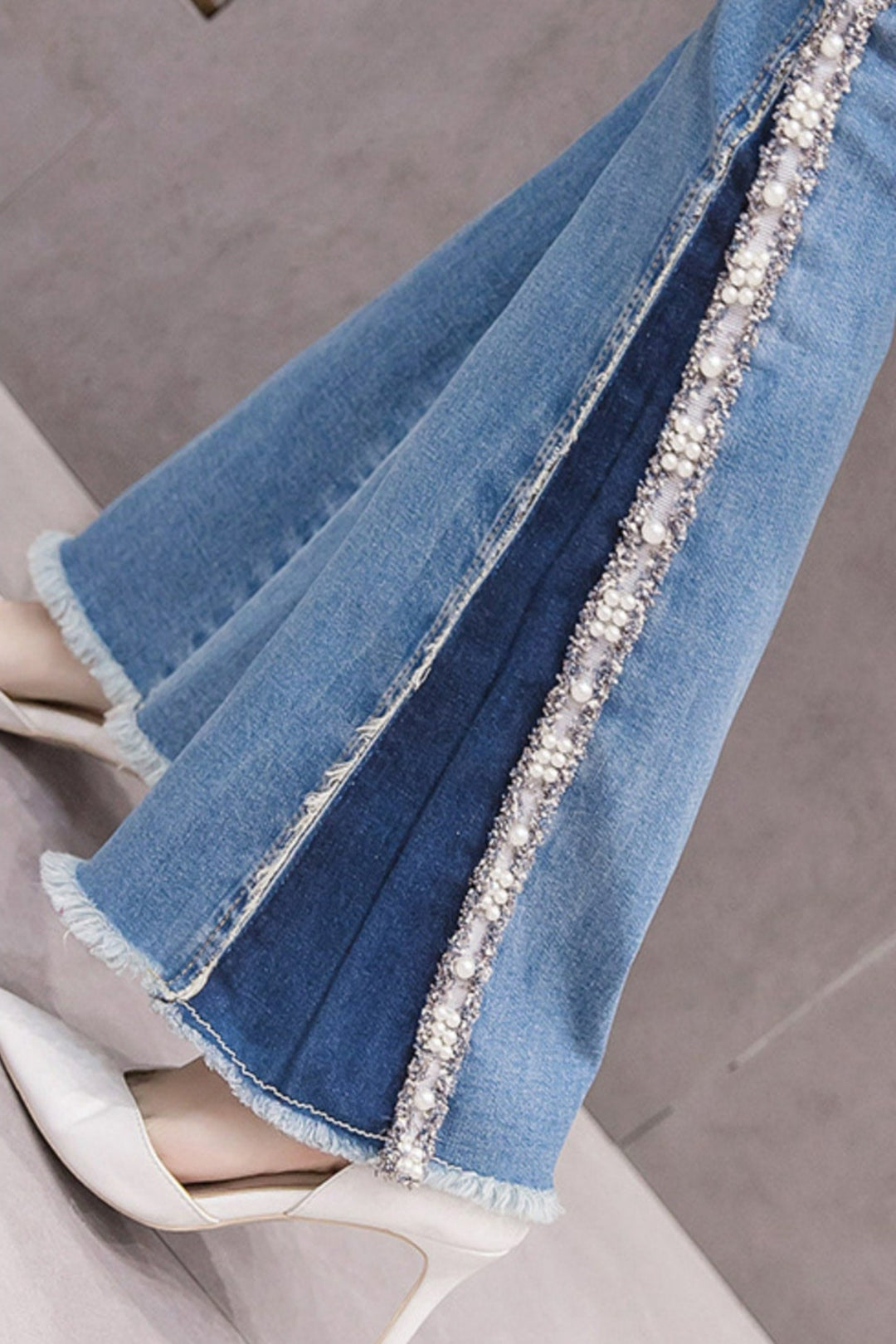 Flare Jeans, Silver Glitter Sequin Embellished Patchwork Flare Denim Jeans, High Rise Flared Jeans