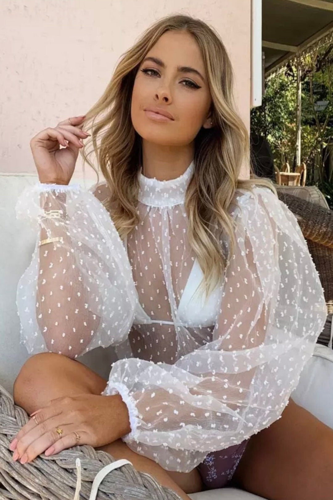 Sheer Mesh Polka Dot Print Top, High Neck Puff Shoulder Long Sleeve Mesh Top