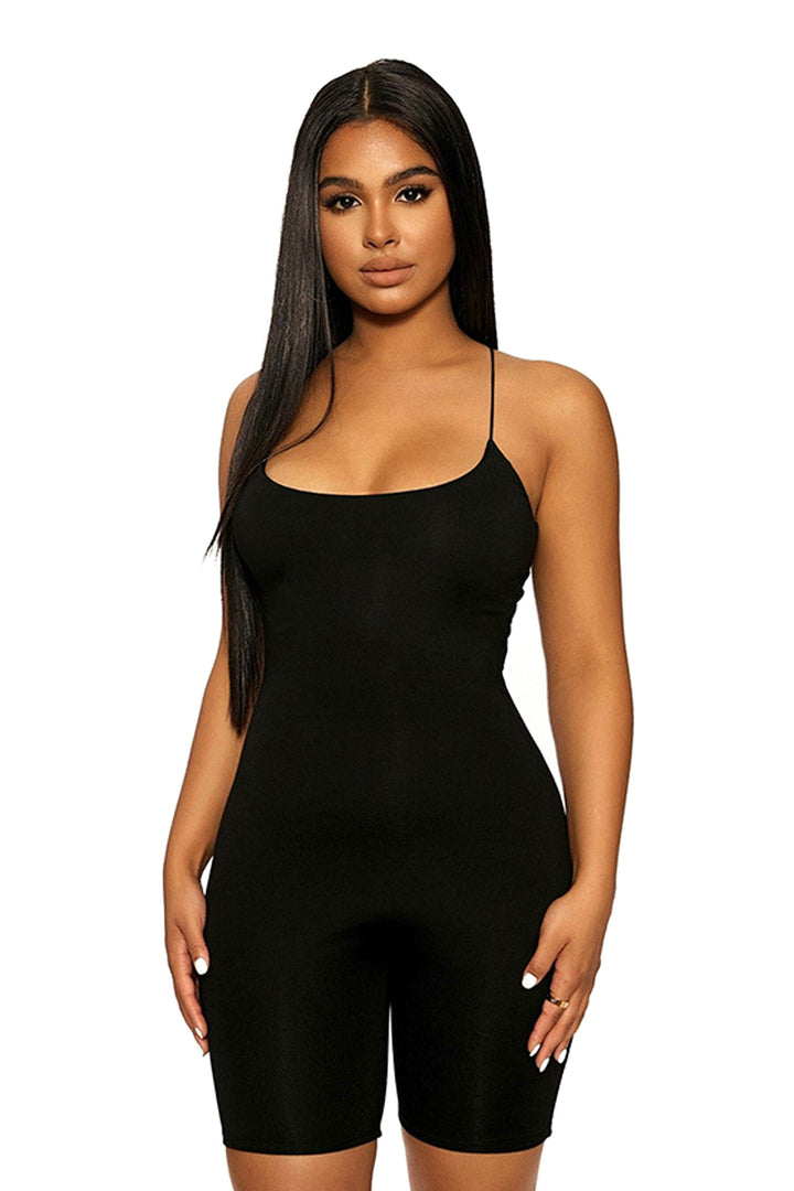 Black Deep Plunge Strappy Playsuit Unitard Romper, Sleeveless Spaghetti Cross Back Strap, Ribbed Jersey Material, Black One Piece Set