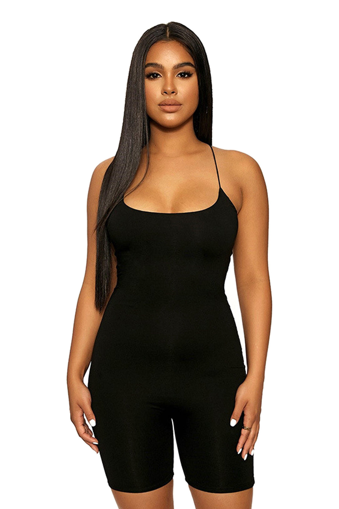 Black Deep Plunge Strappy Playsuit Unitard Romper, Sleeveless Spaghetti Cross Back Strap, Ribbed Jersey Material, Black One Piece Set