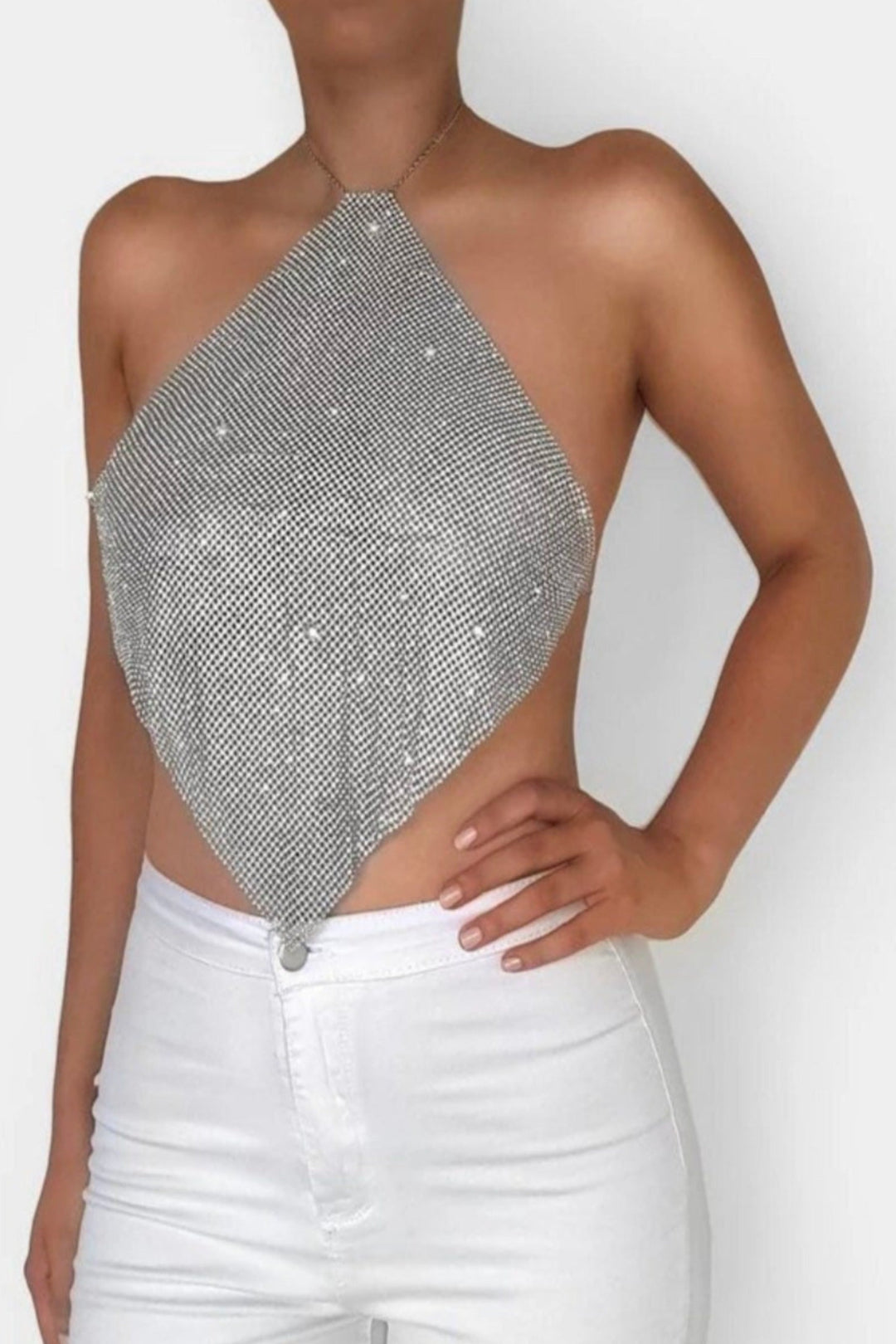 Silver Metal Mesh Halter Scarf Crop Top, Backless Scarf Bandana Top