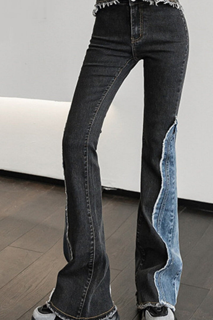 Black & Blue Wash Asymmetric Patchwork Denim Jeans, High Rise Flare Jeans