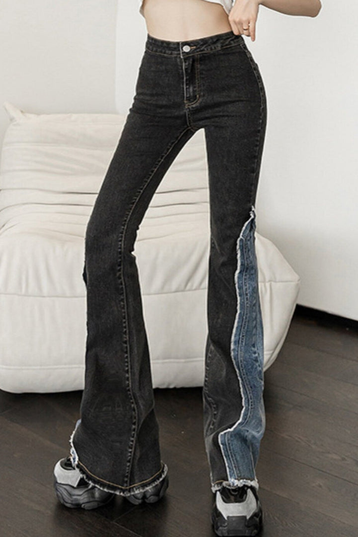 Black & Blue Wash Asymmetric Patchwork Denim Jeans, High Rise Flare Jeans