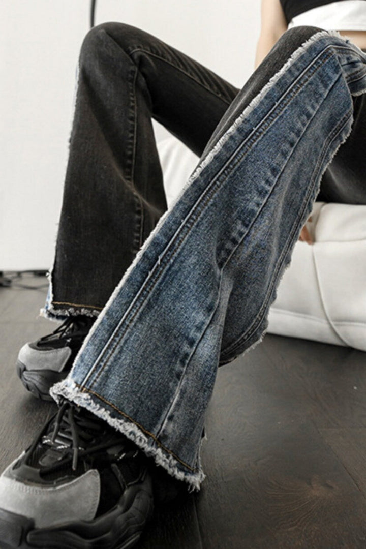 Black & Blue Wash Asymmetric Patchwork Denim Jeans, High Rise Flare Jeans