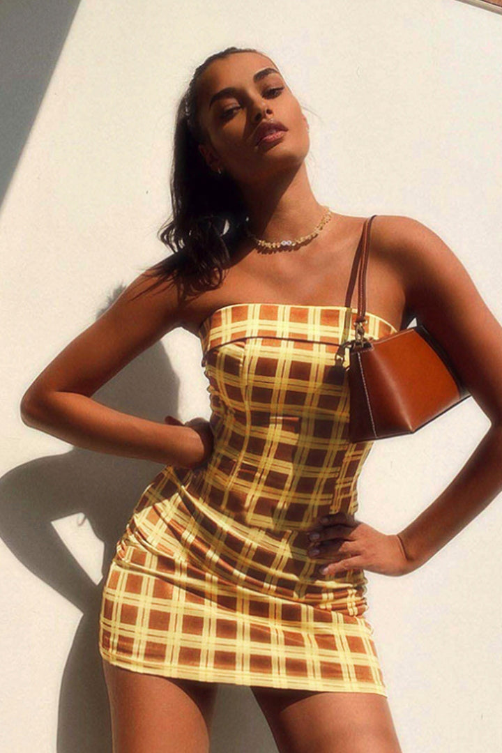 Yellow & Brown Plaid Print Co ord Set, Bandeau Tube Crop Top, Bodycon Mini Skirt, Two Piece Set, Plus Size