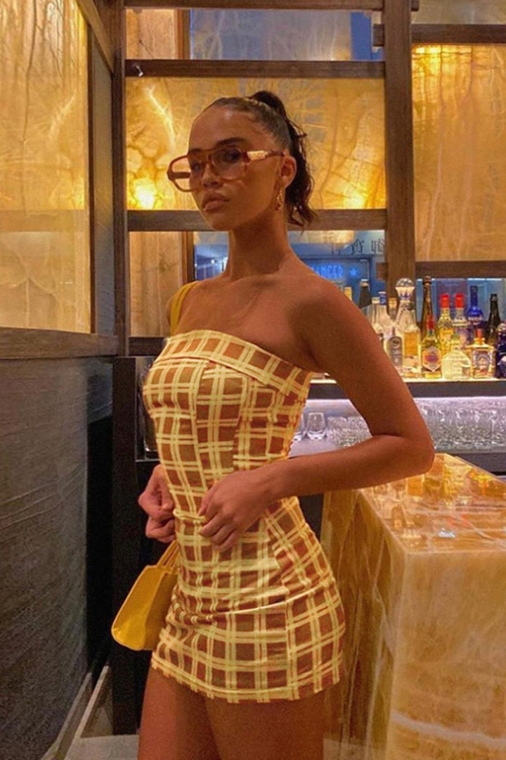 Yellow & Brown Plaid Print Co ord Set, Bandeau Tube Crop Top, Bodycon Mini Skirt, Two Piece Set, Plus Size