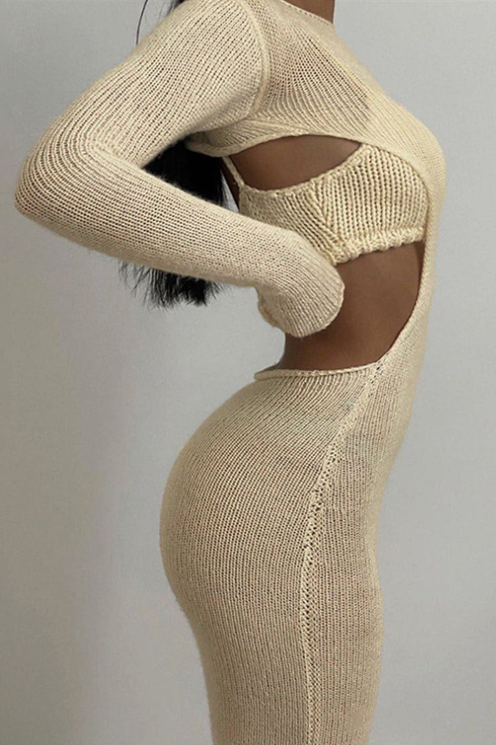 Beige Cut Out Backless Bodycon Maxi Dress with Bralette, Ribbed Jersey Material, Long Sleeve Dress, Two Piece Set