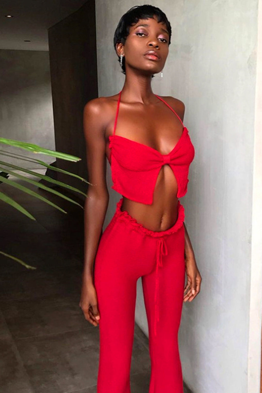 Butterfly Red Backless Split Front Crop Top, Spaghetti Strap Crop Top, Halter Plunge Neckline, Y2K Crop Top