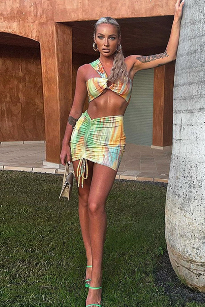 Green and Orange Abstract Print Two Piece Top & Skirt Set, O-Ring Cut Out One Shoulder Crop Top, Drawstring Mini Skirt, Plus Size