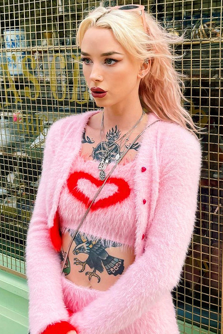 Y2K Fluffy Pink Heart Crop Top, Knitted Faux Fur Pink Set, Inspired by Rebel Wilson 'Senior Year'