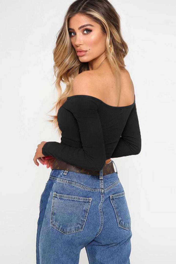 Off Shoulder Long Sleeve Crop Tee, Ribbed Jersey Material, Available in Red, Black, White