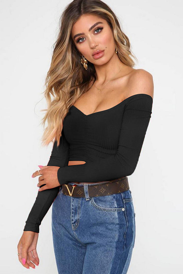 Off Shoulder Long Sleeve Crop Tee, Ribbed Jersey Material, Available in Red, Black, White