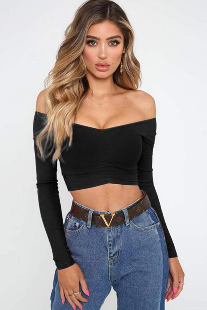 Off Shoulder Long Sleeve Crop Tee, Ribbed Jersey Material, Available in Red, Black, White