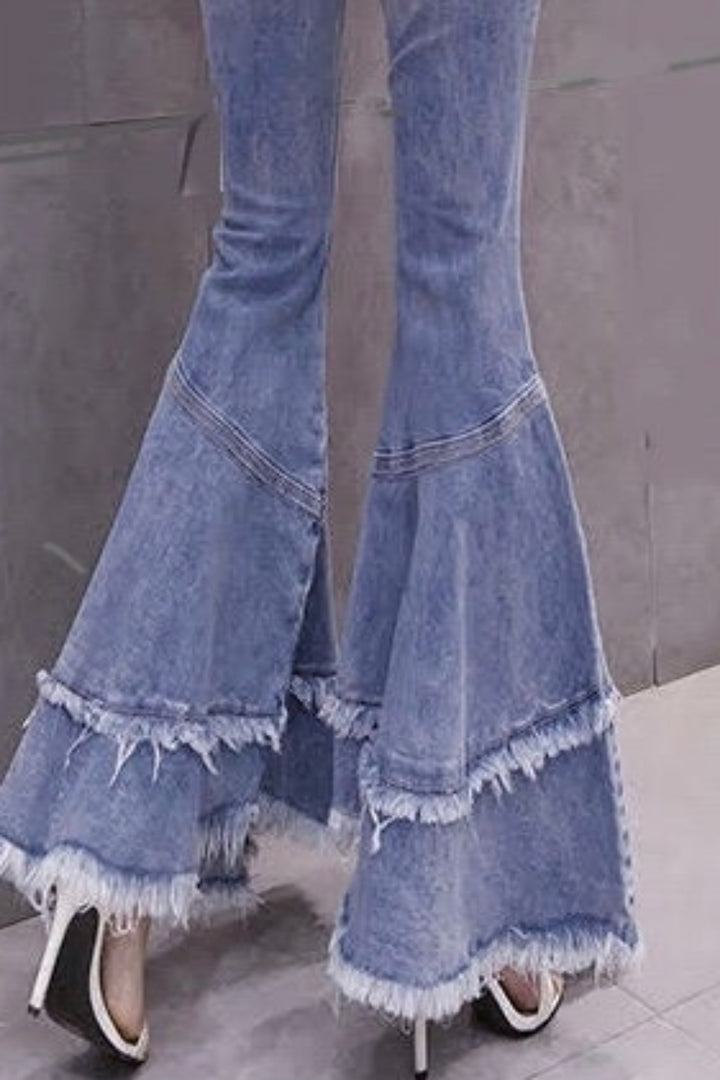 Y2K Super Flared Bell Bottom Jeans, Frayed Hem Denim Patchwork Jeans, High Rise Light Blue Wash Jeans