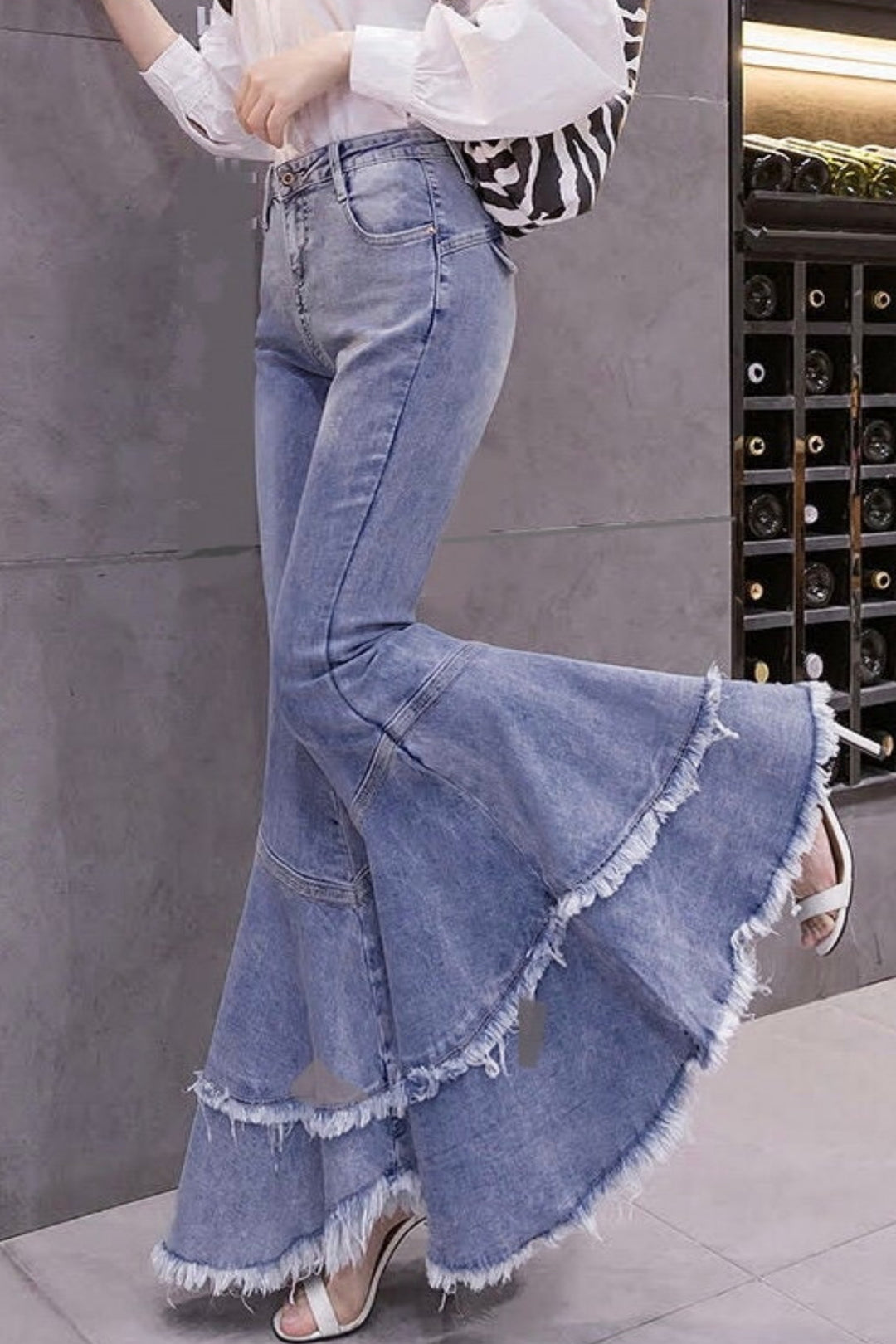 Y2K Super Flared Bell Bottom Jeans, Frayed Hem Denim Patchwork Jeans, High Rise Light Blue Wash Jeans