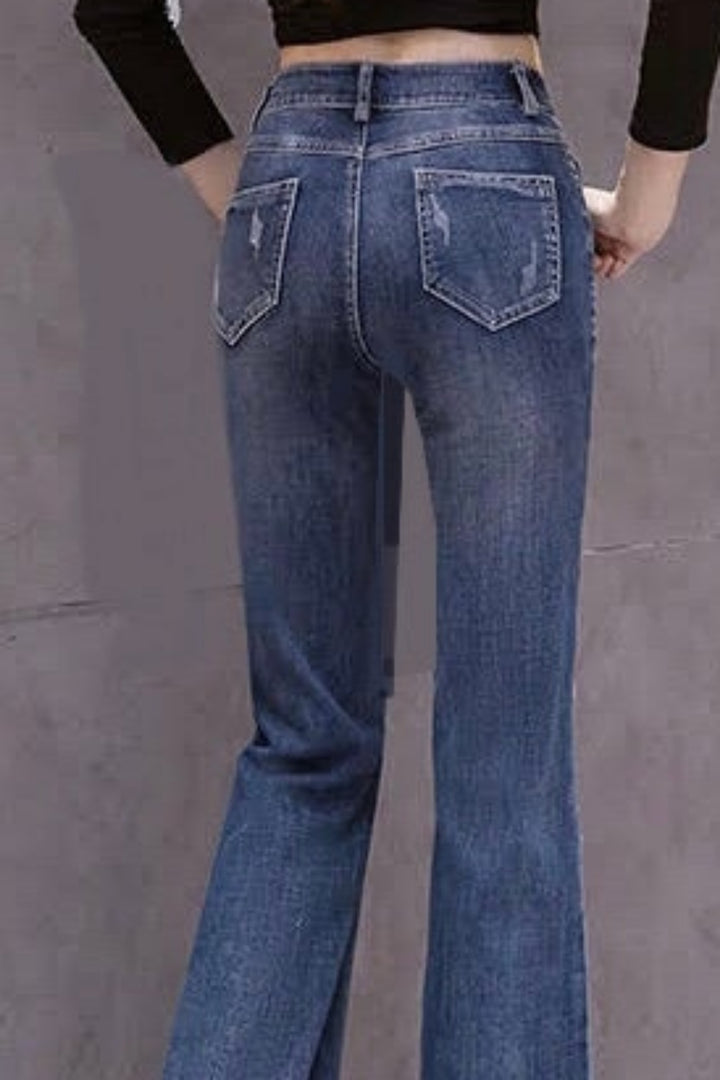 Vintage Look Popper Side Wide Leg Flare Denim Jeans, Dark Blue Wash High Rise Button Side Jeans