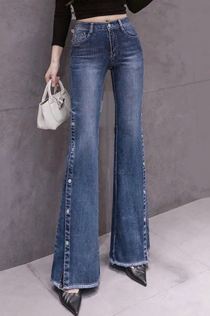 Vintage Look Popper Side Wide Leg Flare Denim Jeans, Dark Blue Wash High Rise Button Side Jeans