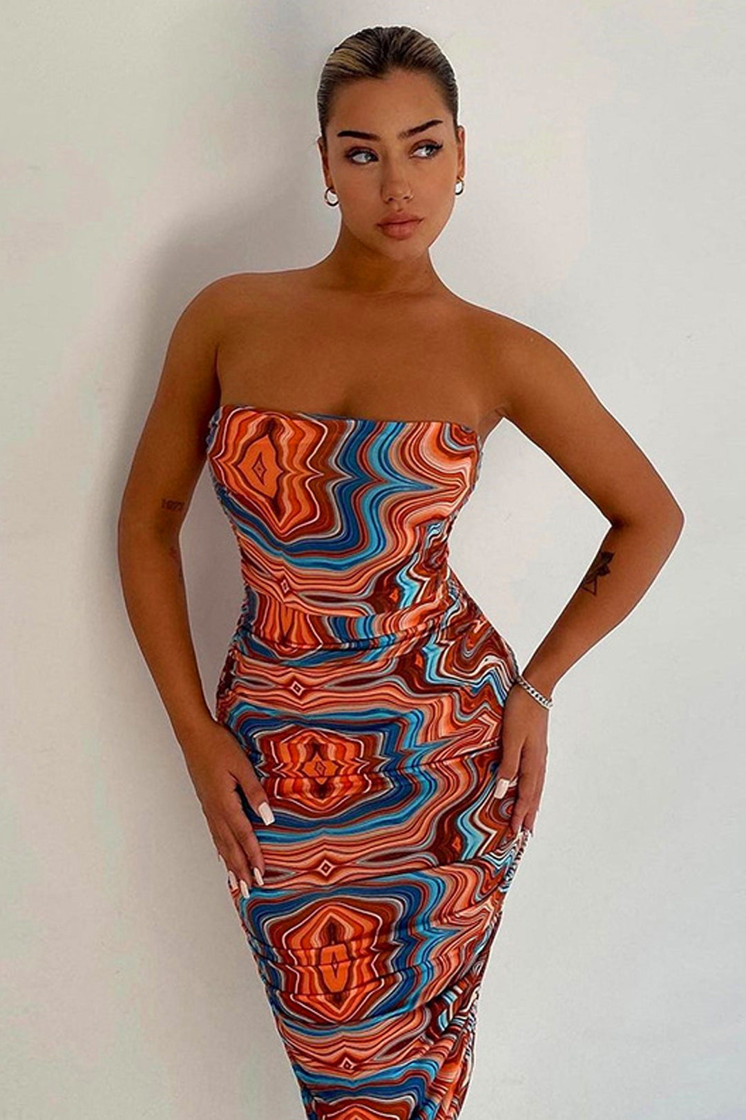 Swirly Abstract Print Bandeau Midi Dress, Orange & Blue Strapless Bodycon Dress