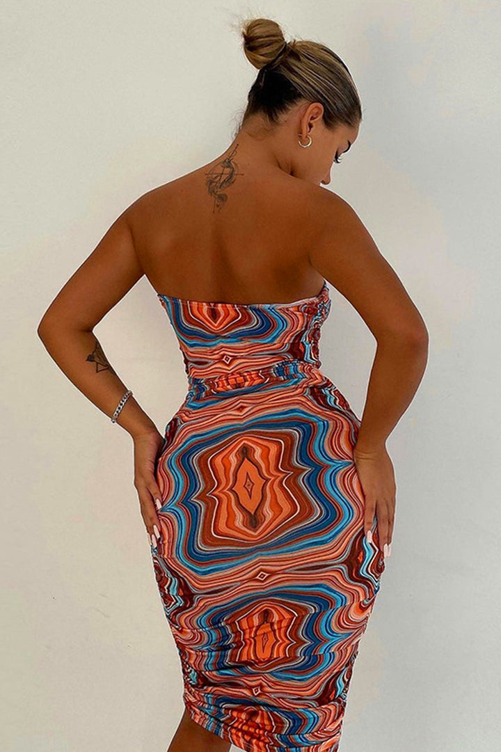 Swirly Abstract Print Bandeau Midi Dress, Orange & Blue Strapless Bodycon Dress