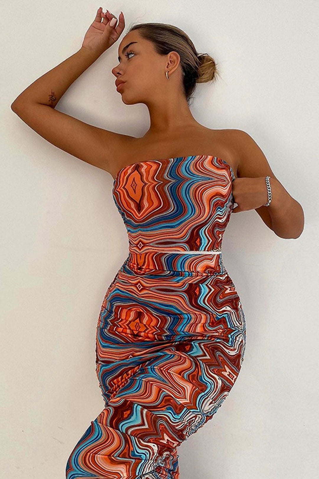 Swirly Abstract Print Bandeau Midi Dress, Orange & Blue Strapless Bodycon Dress