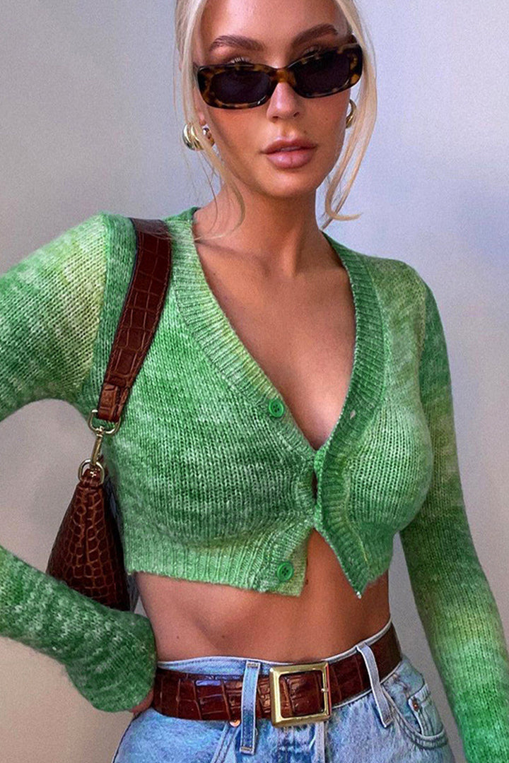 Green Y2K Crochet Knit Cardigan Crop Top, Long Sleeve Crop Top