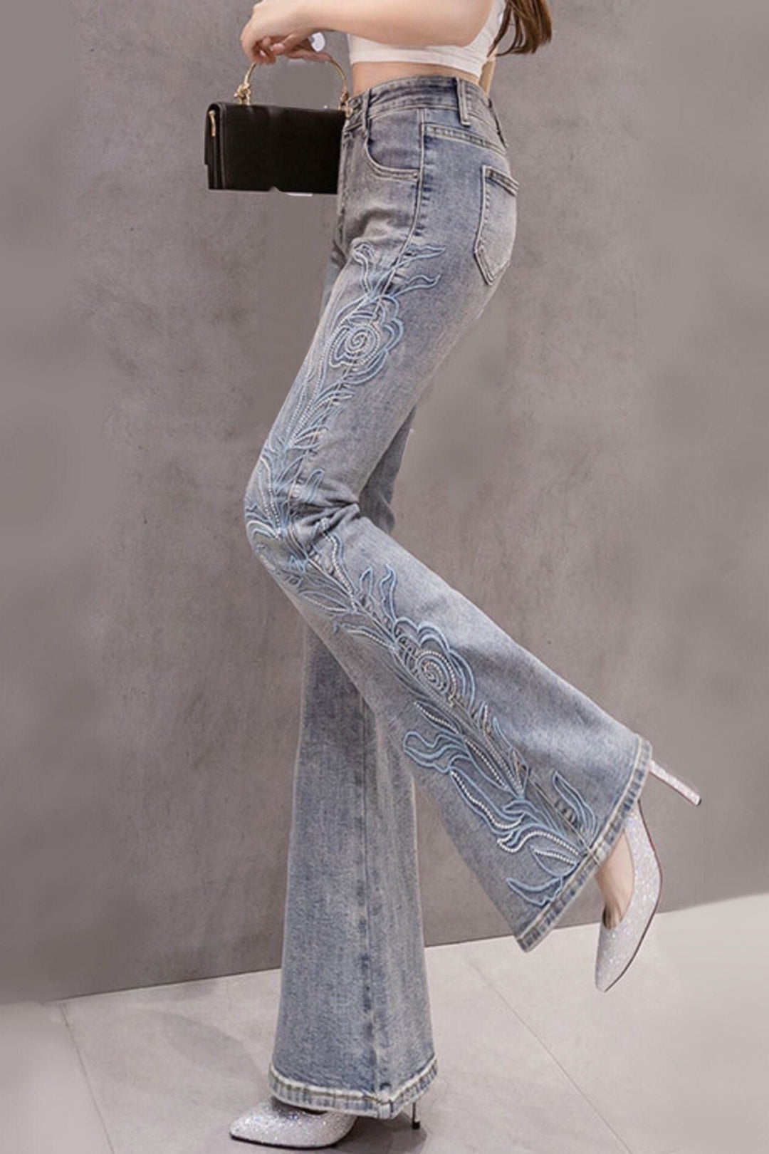 Y2K Floral Embroidered Minimalistic High Rise Denim Jeans, High Rise Flare Grey Wash Jeans