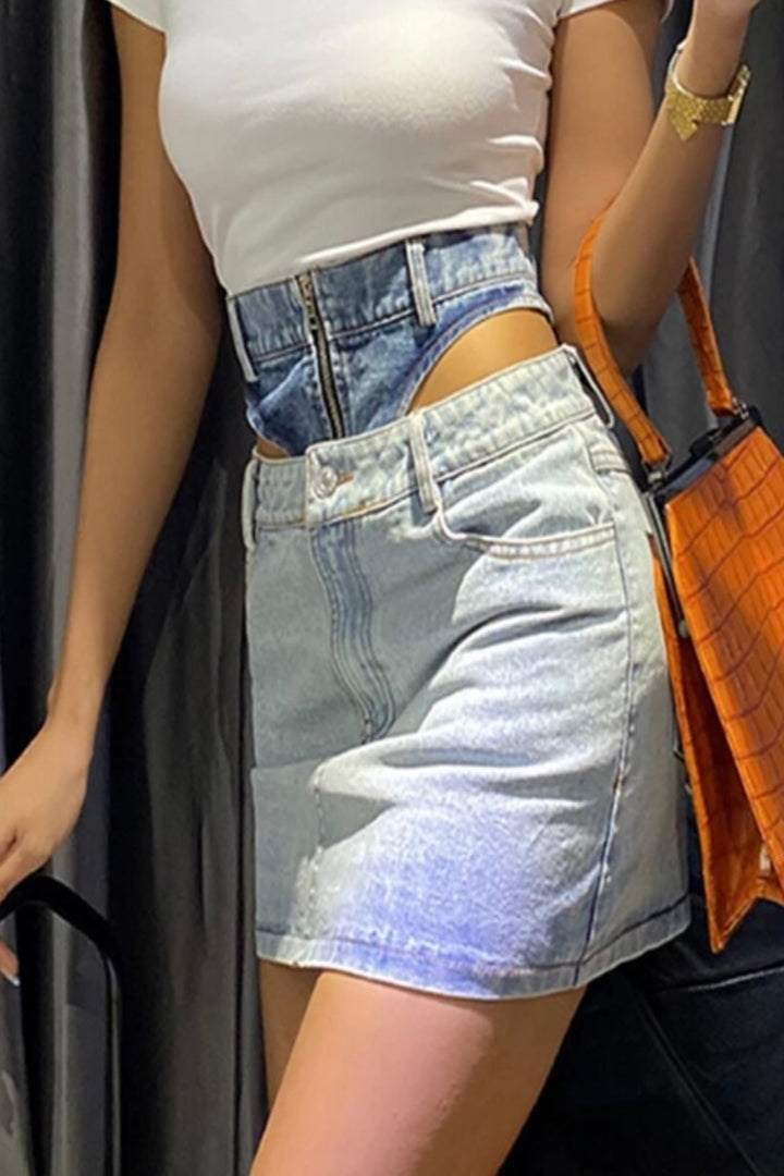 Hollow Out Denim Women's Skirt High Waist Patchwork Hit Exclusive 2022 Design Fashion Bodycon Mini Skirt Stone Acid Wash [Waist: 29 Inch]